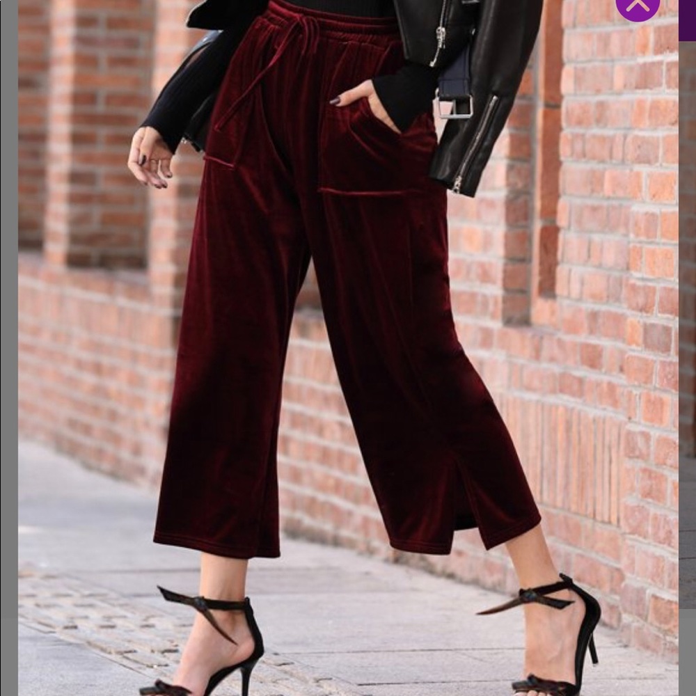 Berry Tie-Waist Velvet Gaucho Pants
